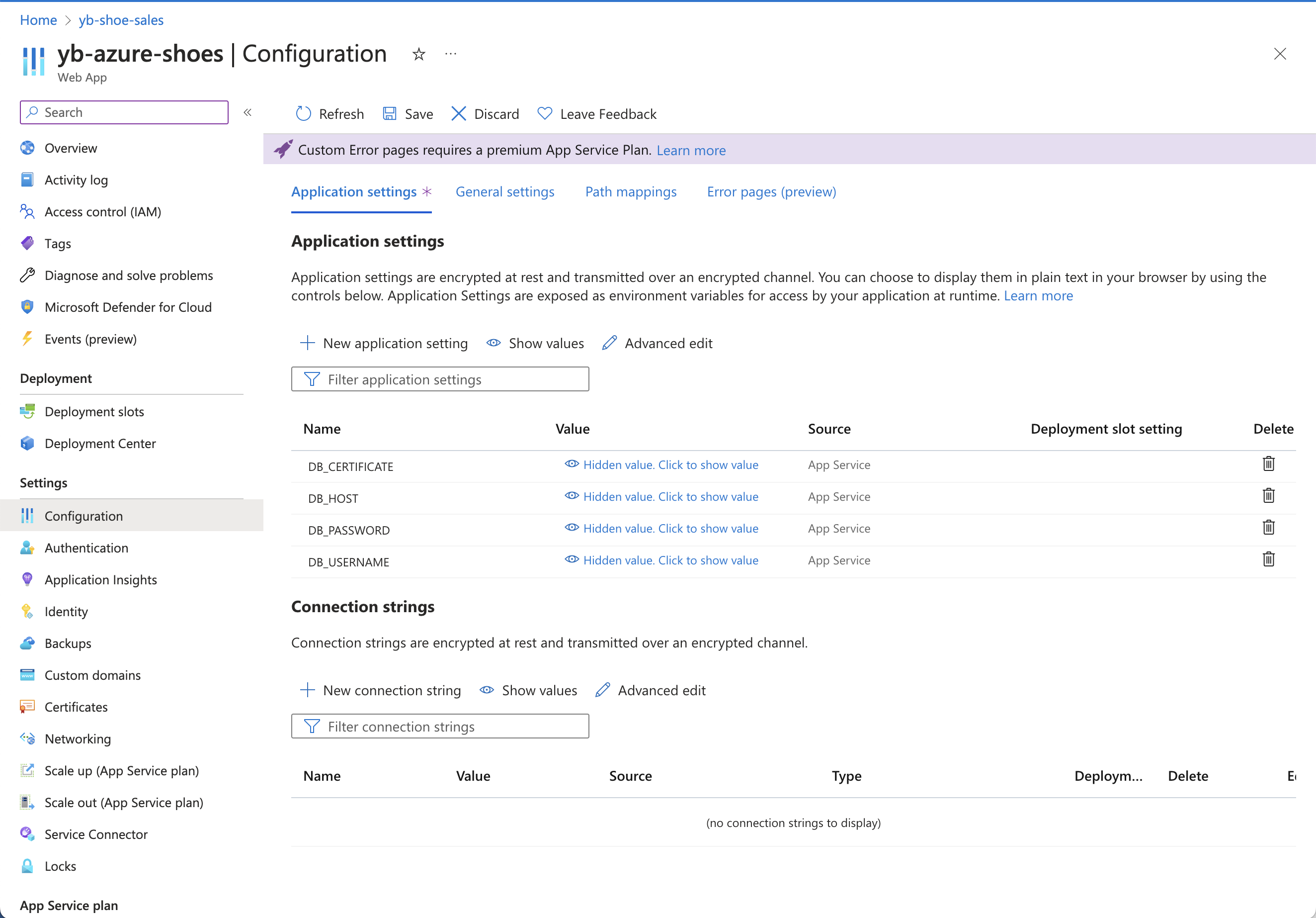 App configuration settings in Azure portal App configuration settings in Azure portal